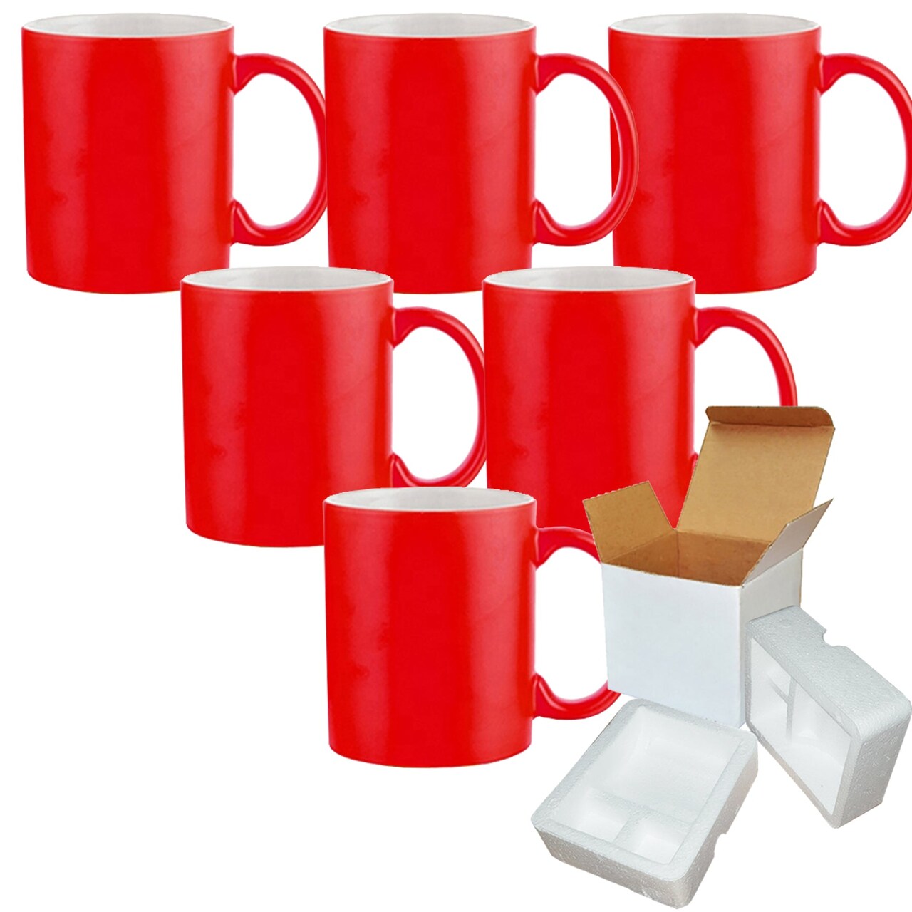 6 PACK 11OZ RED Fluorescent / Neon Sublimation Mugs with Foam Supports  Cardboard Boxes